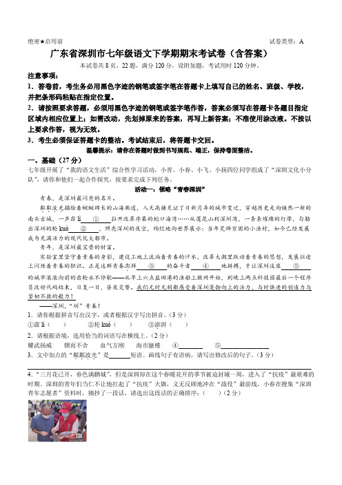 广东省深圳市七年级语文下学期期末考试卷(含答案)