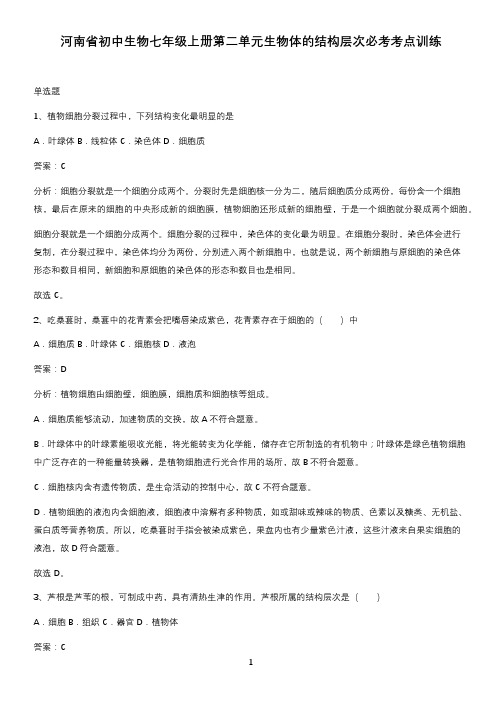 河南省初中生物七年级上册第二单元生物体的结构层次必考考点训练