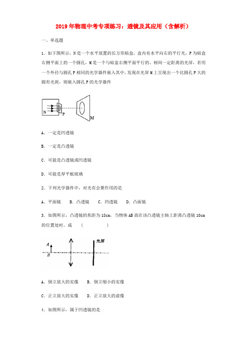 2019年中考物理专项练习(选择题)透镜及其应用(含解析)