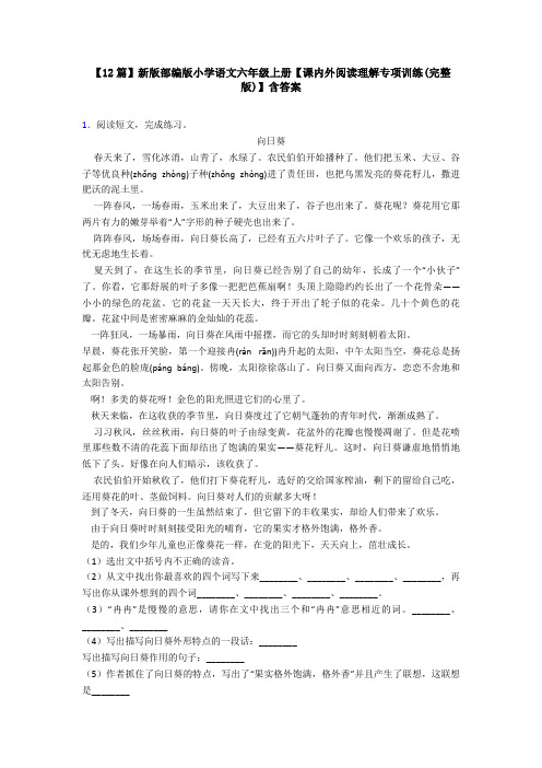 【12篇】新版部编版小学语文六年级上册【课内外阅读理解专项训练(完整版)】含答案