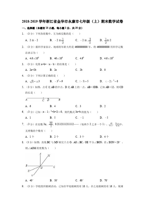 2018-2019学年浙江省金华市永康市七年级(上)期末数学试卷(解析版)