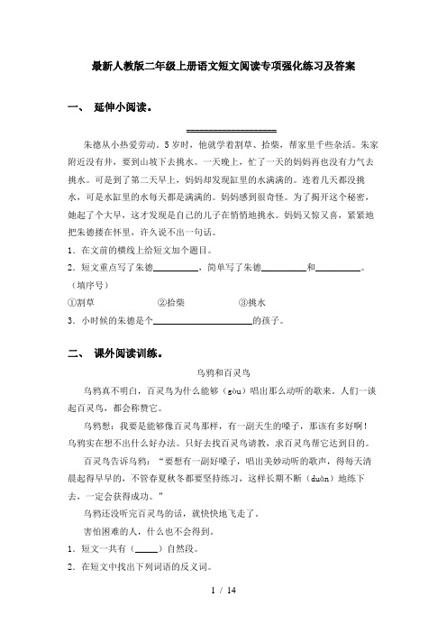 最新人教版二年级上册语文短文阅读专项强化练习及答案