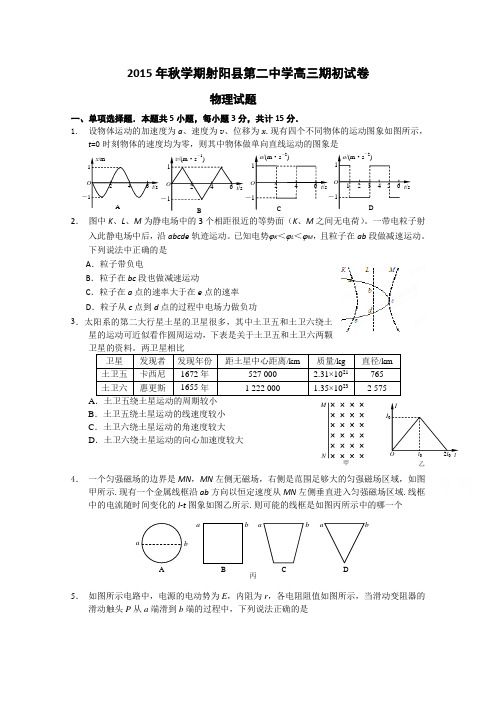 江苏省射阳县第二中学2016届高三上学期期初考试物理试题Word版无答案