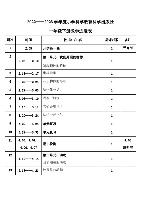 2023年春学期小学科学教育科学出版社一年级下册教学进度表