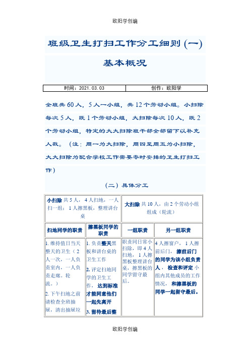 班级卫生打扫工作分工细则之欧阳学创编