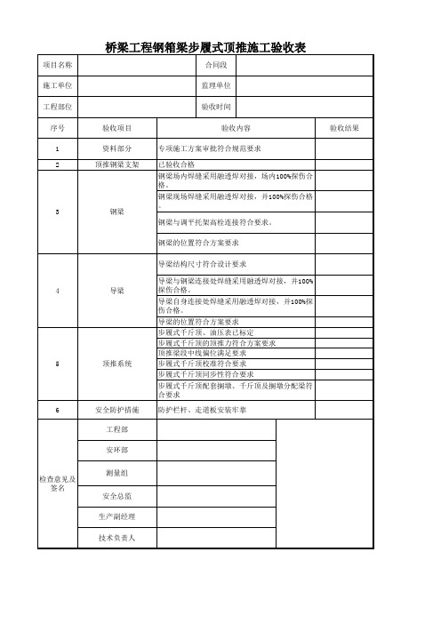 桥梁工程钢箱梁步履式顶推施工验收表