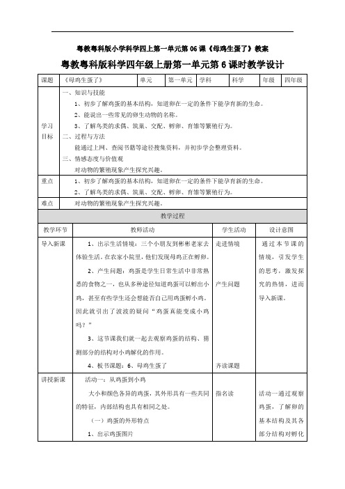 粤教粤科版小学科学四上第一单元第06课《母鸡生蛋了》教案