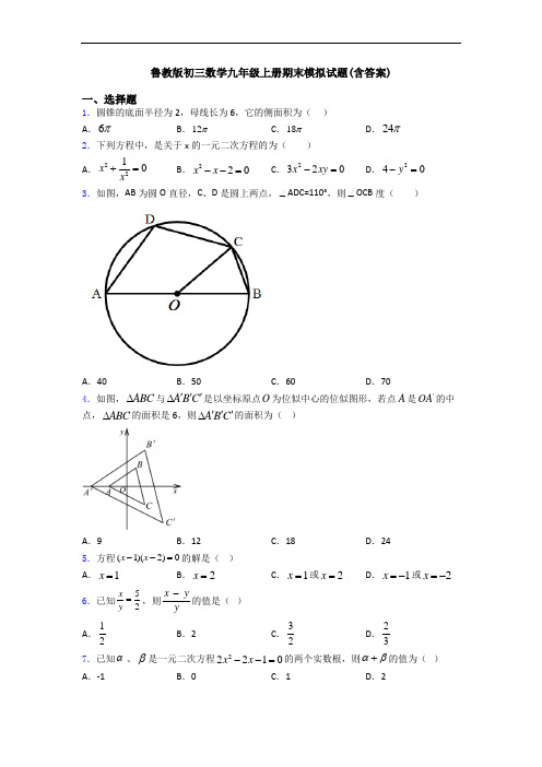 鲁教版初三数学九年级上册期末模拟试题(含答案)