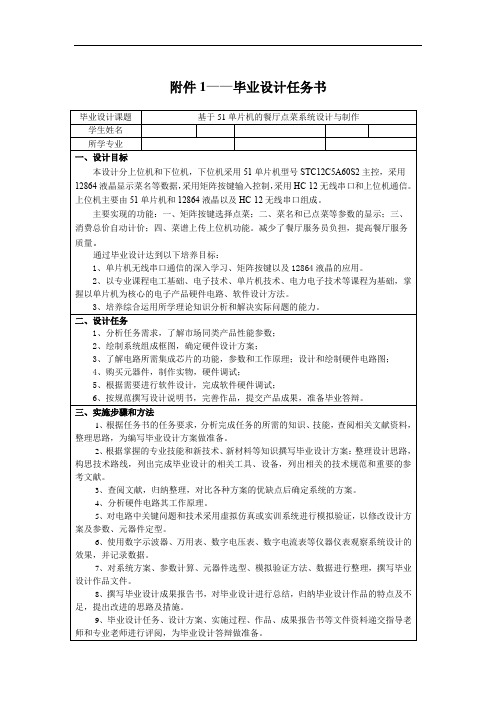 2020高职高专毕业设计专题任务书-基于51单片机的餐厅点菜系统设计与制作