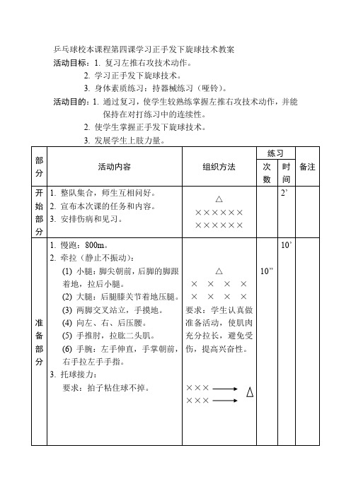 乒乓球校本课程第四课学习正手发下旋球技术教案