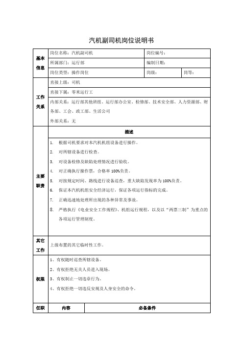 汽机副司机岗位说明书