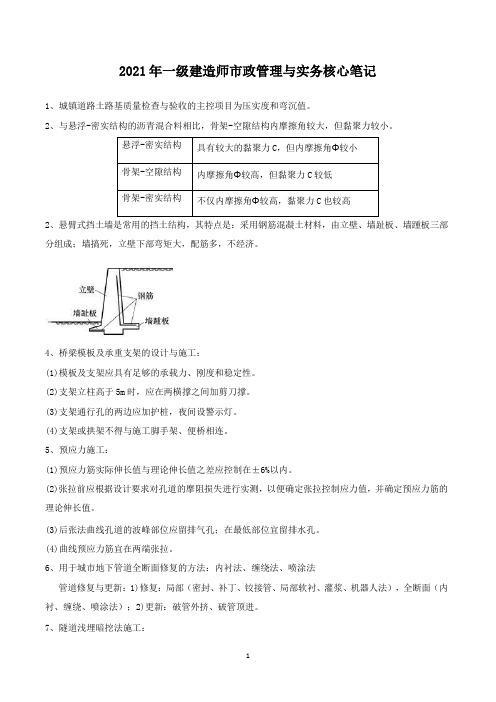 一建【市政实务】XW《2021年》核心笔记