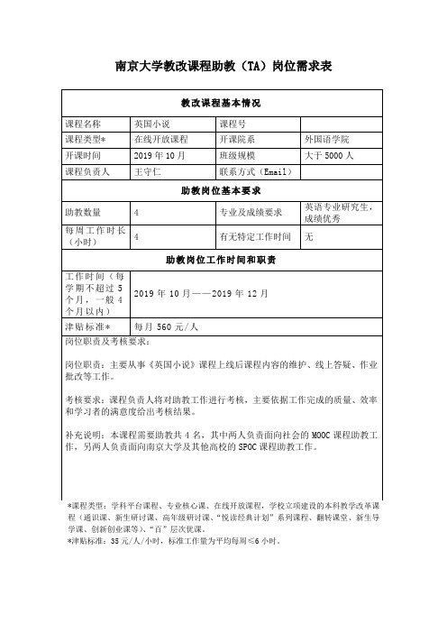 南京大学教改课程助教TA岗位需求表