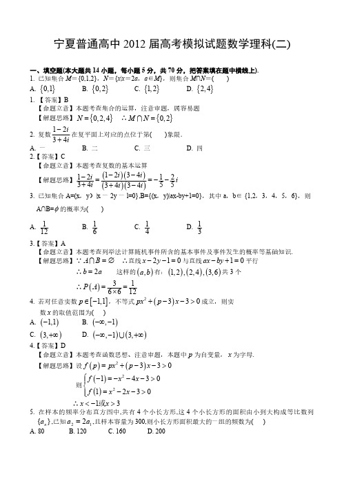 宁夏普通高中2012届高考模拟试题数学理科(二)