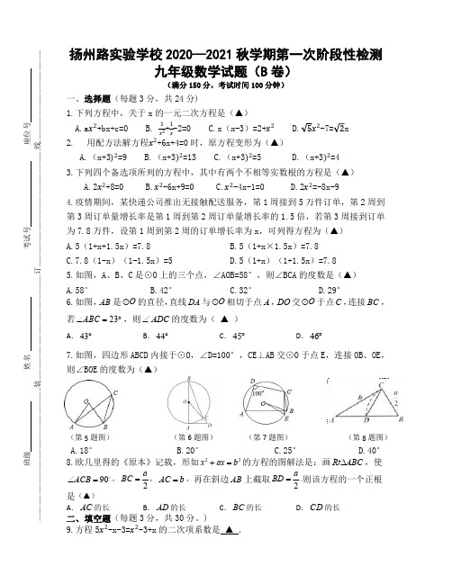 江苏省扬州路实验学校 2020—2021 秋学期第一次阶段性检测 九年级数学试题(B 卷)