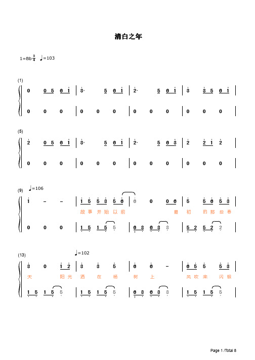 清白之年-朴树-简谱 数字谱 钢琴谱