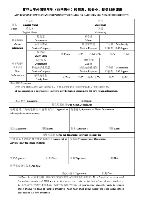 复旦大学外国留学生(非学历生)转院系,转专业,转类别申请表.