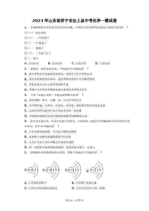 2023年山东省济宁市汶上县中考化学一模试卷+答案解析(附后)