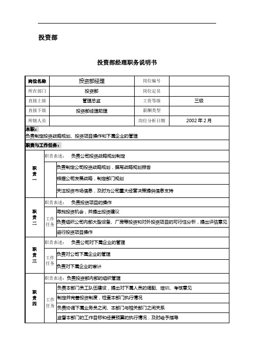 投资部经理职务说明书 Job Description