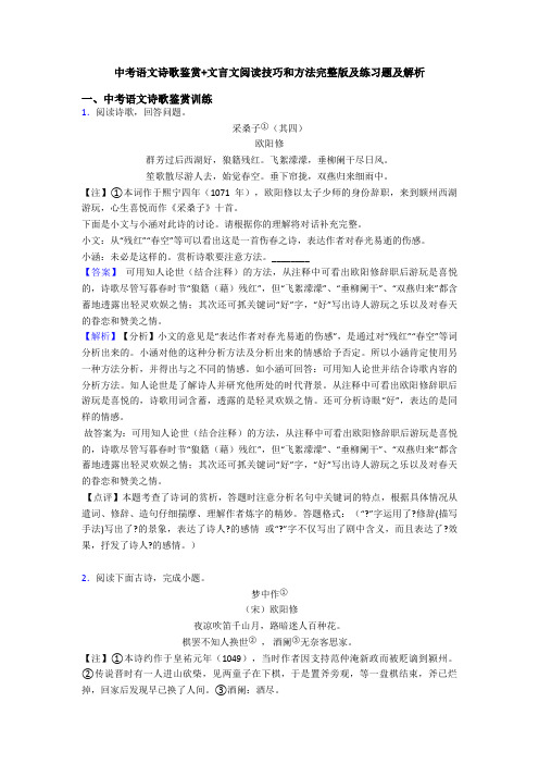 中考语文诗歌鉴赏+文言文阅读技巧和方法完整版及练习题及解析