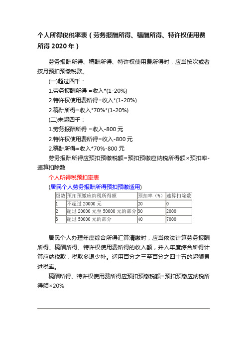 个人所得税税率表（劳务报酬所得、稿酬所得、特许权使用费所得2020年）