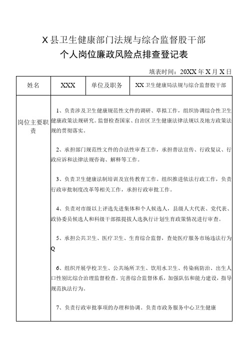 X县卫生健康部门法规与综合监督股干部个人岗位廉政风险点排查登记表