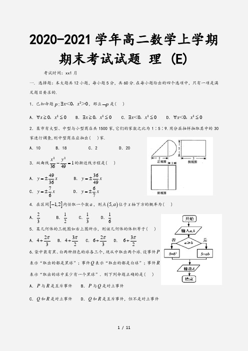 2020-2021学年高二数学上学期期末考试试题 理 (E)