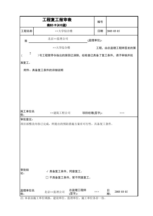 工程复工报审表A10监