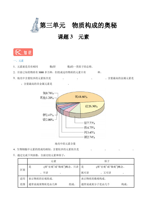 专题3.3 元素九年级化学人教版(上册)