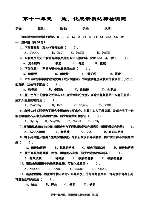 第十一单元盐、化肥素质达标检测题