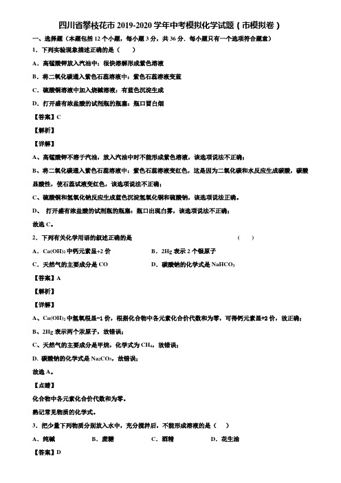 四川省攀枝花市2019-2020学年中考模拟化学试题(市模拟卷)含解析