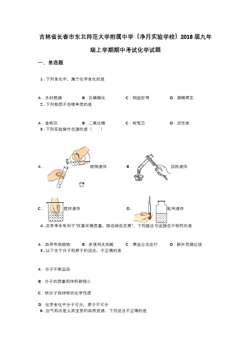 吉林省长春市东北师范大学附属中学(净月实验学校)2018届九年级上学期期中考试化学试题