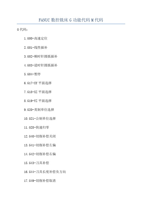 FANUC数控铣床G功能代码M代码