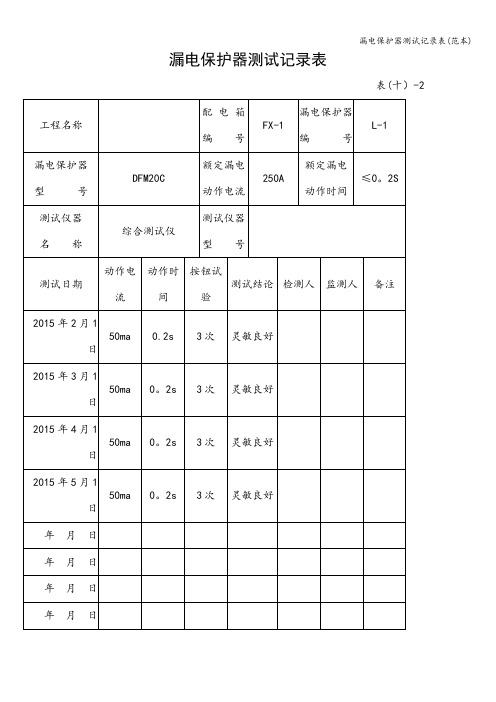 漏电保护器测试记录表(范本)