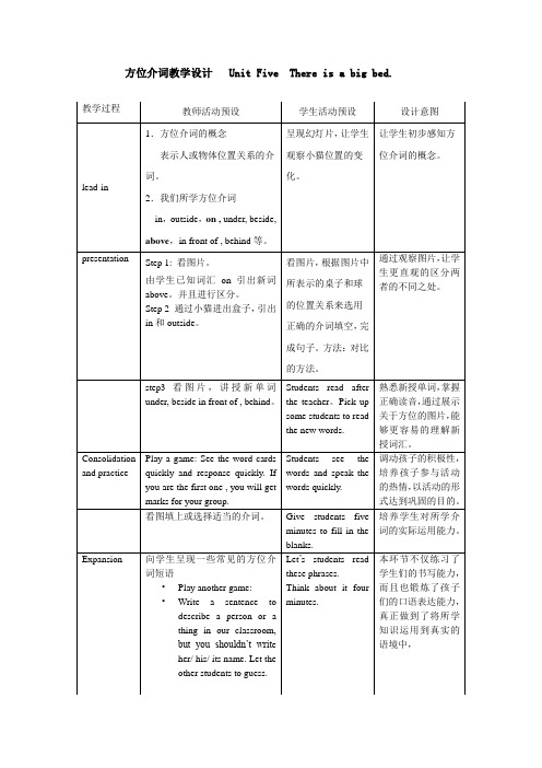 方位介词教学设计   Unit Five  There is a big bed.