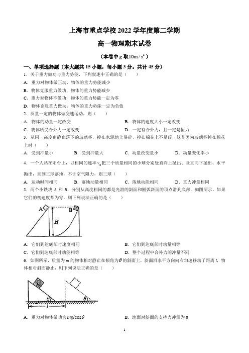 上海市重点学校2022-2023学年高一下学期期末物理试题(无答案)