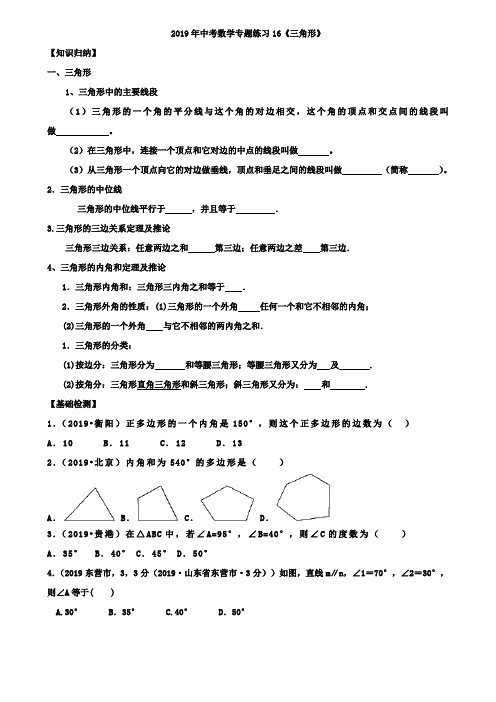 2019年石牌中学中考专题复习导学案16：三角形(含答案)