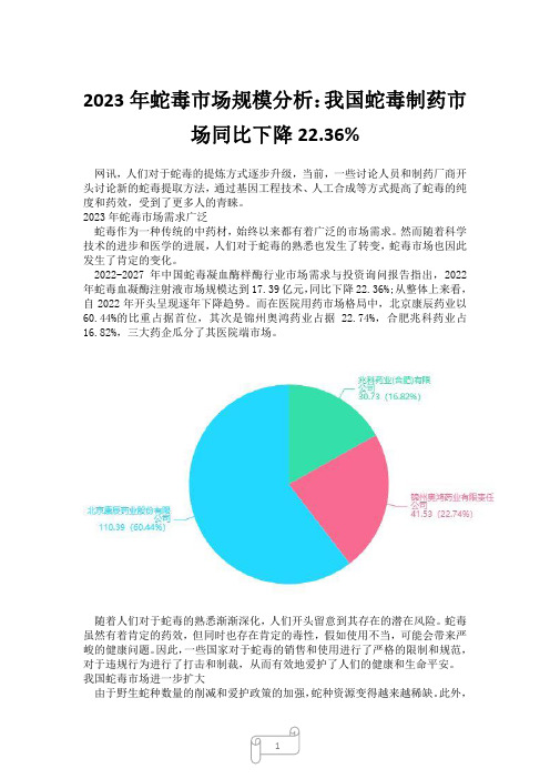 2023年蛇毒市场规模分析：我国蛇毒制药市场同比下降22.36%9