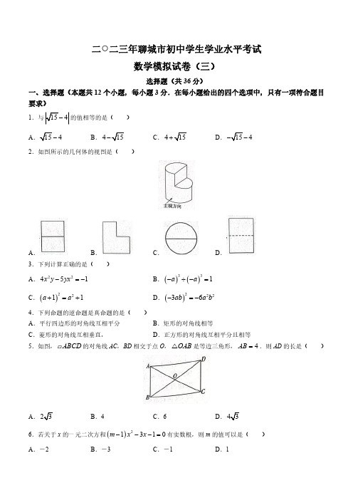 2023年山东省聊城市中考三模数学试卷含答案