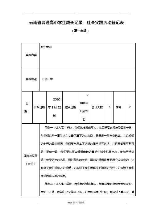 云南省普通高中学生成长记录—社会实践活动登记表