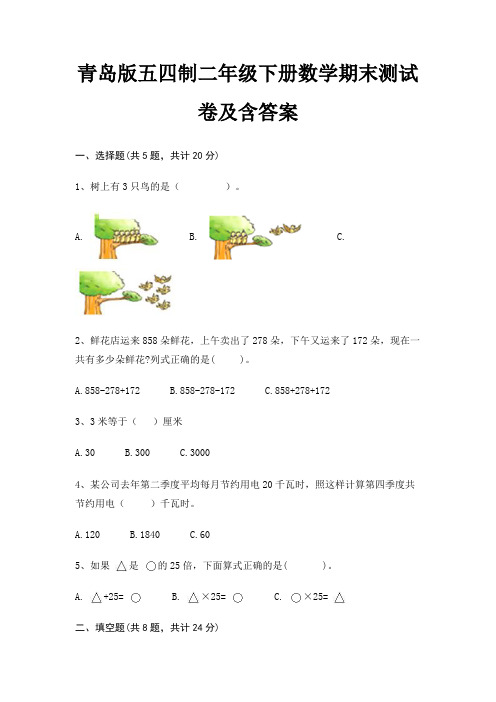 青岛版五四制二年级下册数学期末试卷带答案