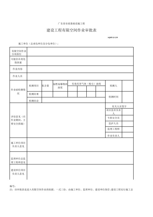 建设工程有限空间作业审批表