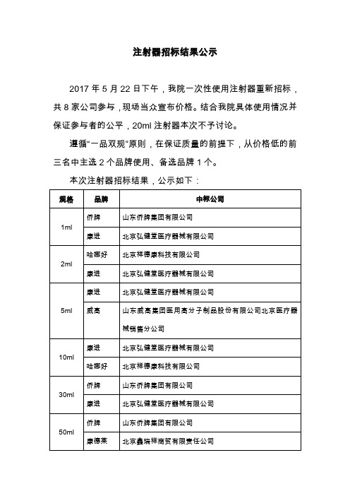 注射器招标结果公示