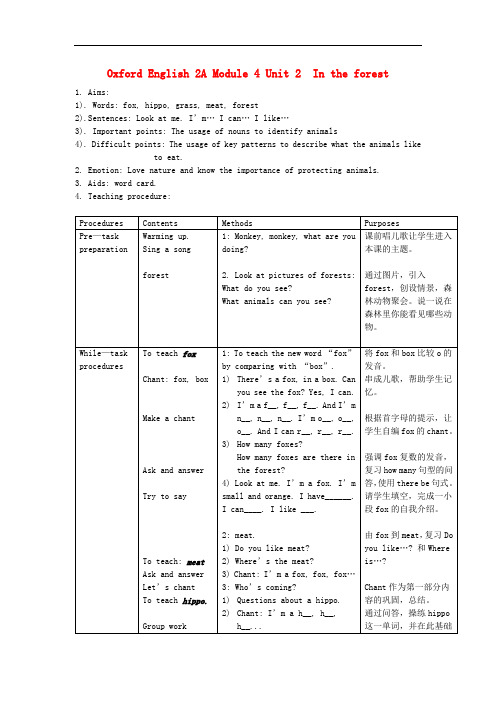 二年级英语上册 Unit 2 In the forest教案 沪教牛津版