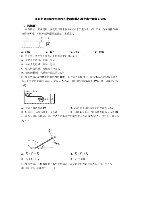 深圳龙岗区新亚洲学校初中部简单机械中考专项复习训练