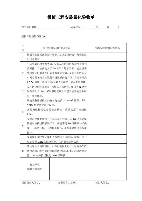 模板工程安装量化验收单