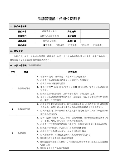 品牌管理部主任岗位说明书