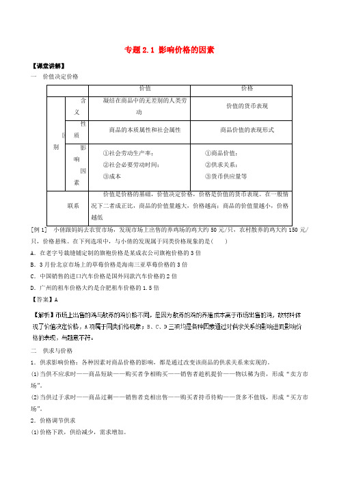 2018-2019学年高中政治 专题2.1 影响价格的因素(讲)(基础版)新人教版必修1