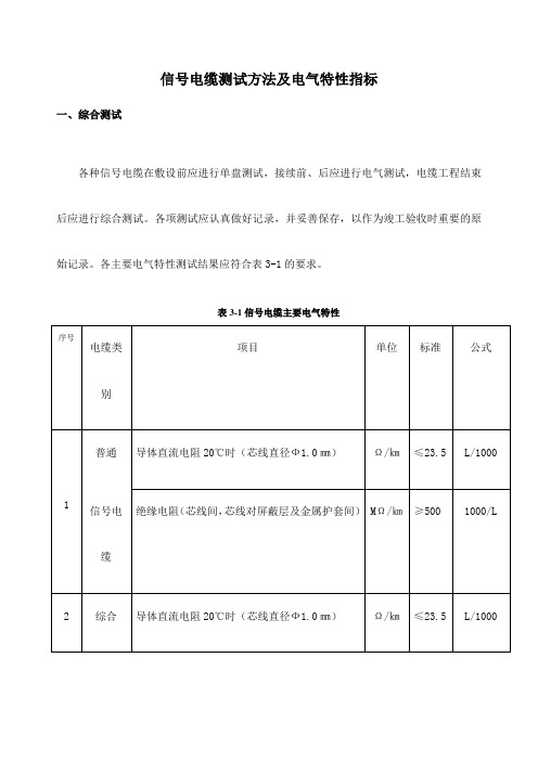 信号电缆测试方法及电气特性指标