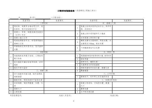 工程实体质量抽查表(房屋建筑工程施工部分)